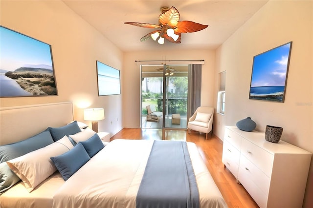 bedroom with access to exterior, light hardwood / wood-style flooring, and ceiling fan