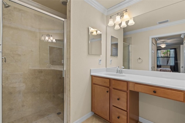 bathroom featuring vanity, an enclosed shower, ornamental molding, and ceiling fan