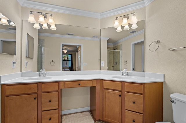 bathroom featuring vanity, ornamental molding, and walk in shower