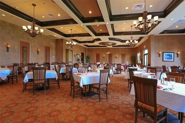 dining space with beamed ceiling, a towering ceiling, ornamental molding, and coffered ceiling