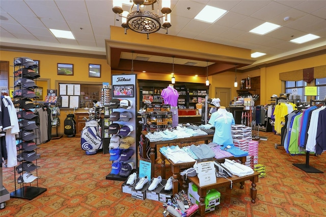 misc room featuring carpet flooring and a paneled ceiling