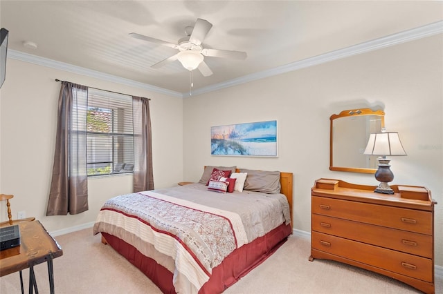 bedroom featuring ceiling fan, light colored carpet, and ornamental molding