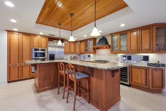 kitchen with premium range hood, a raised ceiling, stainless steel appliances, and backsplash