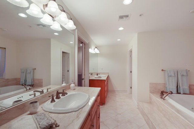 bathroom featuring a relaxing tiled bath, double vanity, and tile flooring