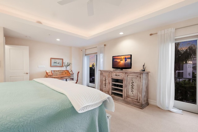 bedroom with ceiling fan, access to exterior, and carpet flooring