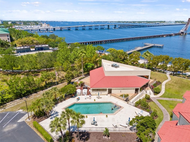 aerial view featuring a water view