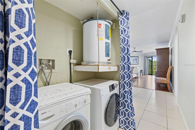 laundry room featuring water heater, independent washer and dryer, hookup for a washing machine, light tile floors, and ceiling fan