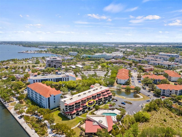 bird's eye view with a water view