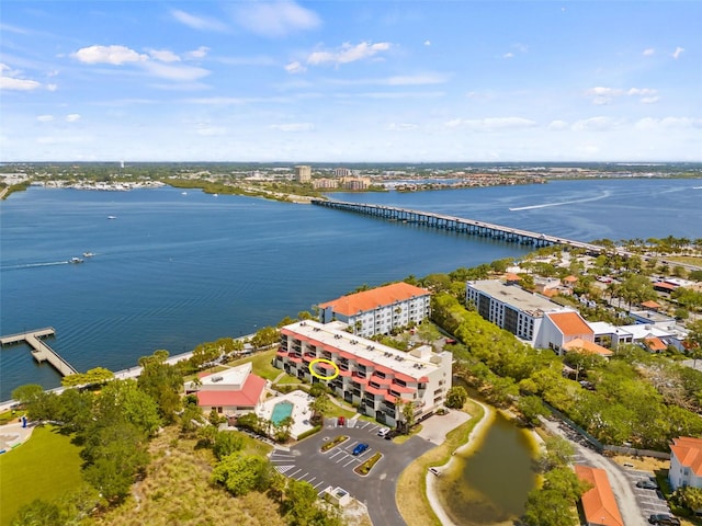 bird's eye view with a water view