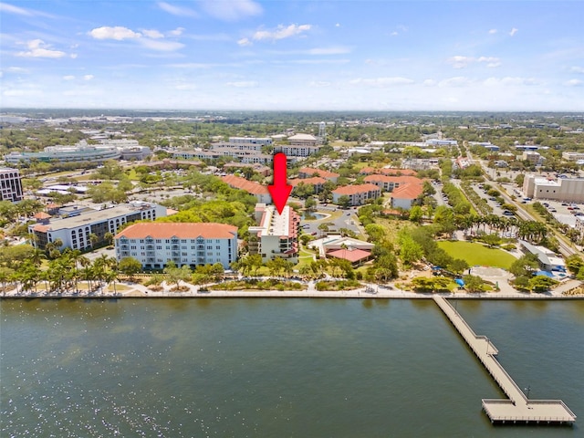 aerial view featuring a water view