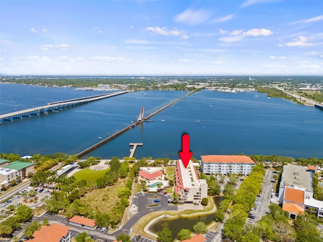 aerial view featuring a water view