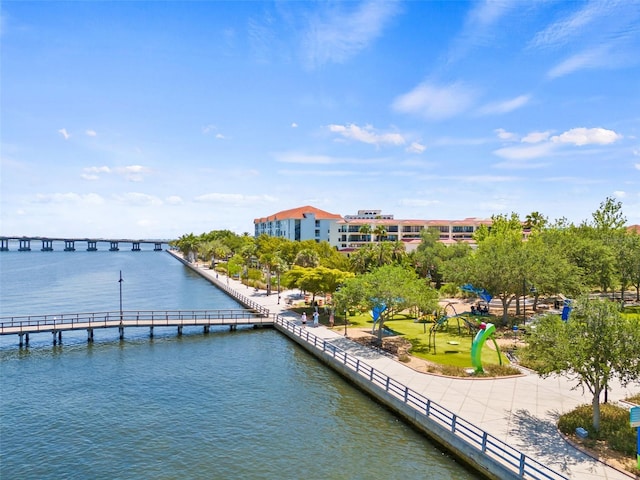 dock area with a water view