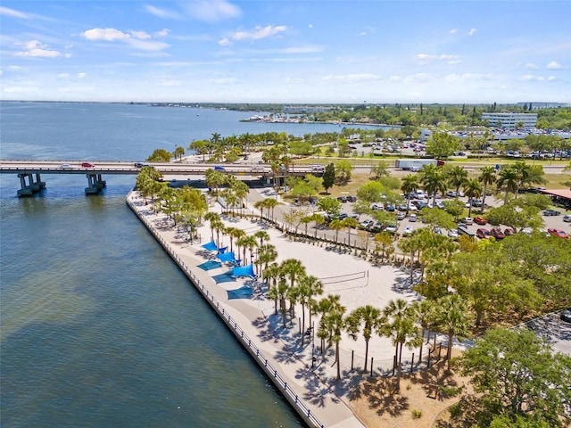 bird's eye view with a water view