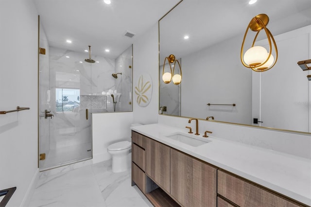 bathroom with tile patterned flooring, a shower with door, toilet, and vanity