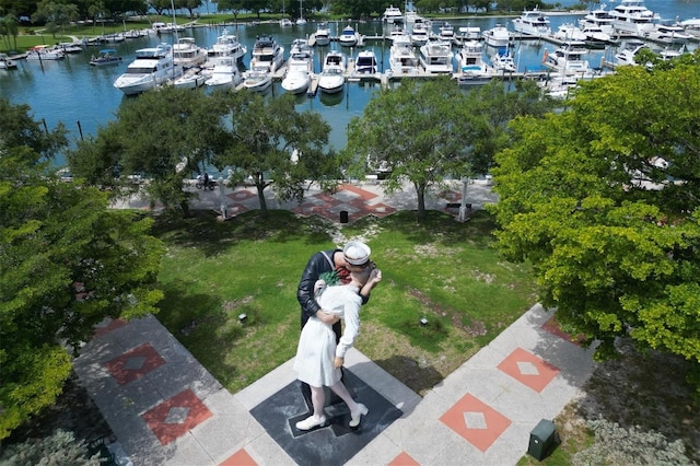 bird's eye view with a water view