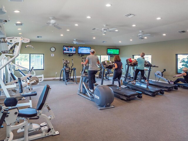 workout area featuring ceiling fan and light carpet