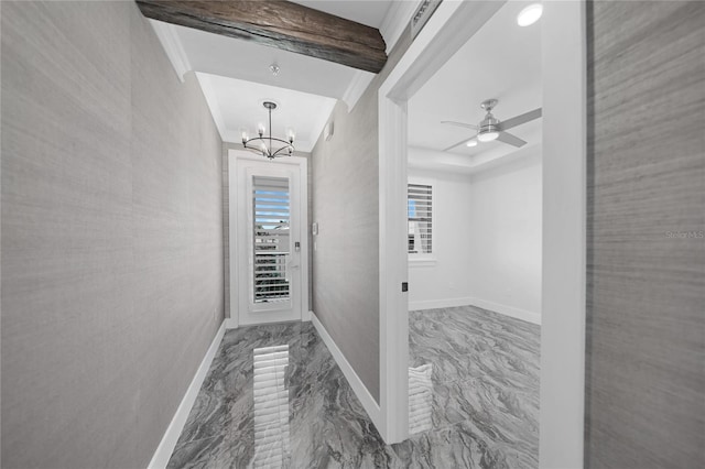 corridor with a notable chandelier and tile floors