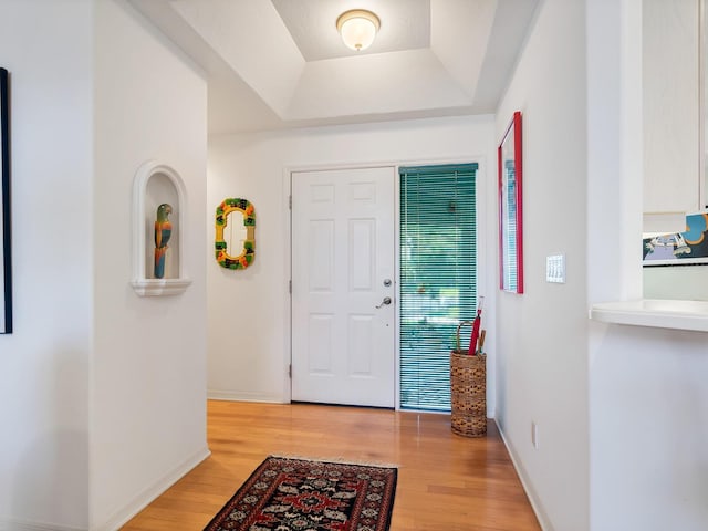 foyer featuring a raised ceiling and light wood-type flooring