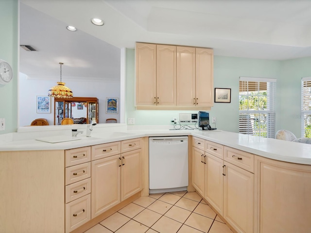 kitchen featuring kitchen peninsula, dishwasher, light tile floors, and decorative light fixtures