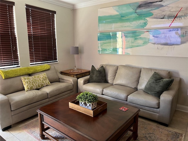 living room featuring tile floors and ornamental molding