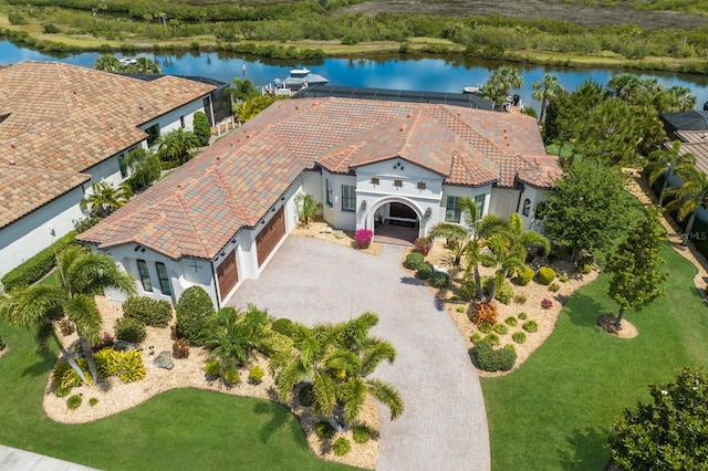 drone / aerial view featuring a water view