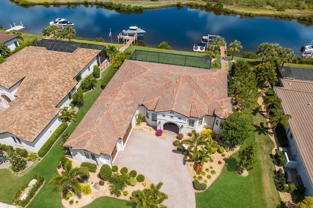 bird's eye view with a water view