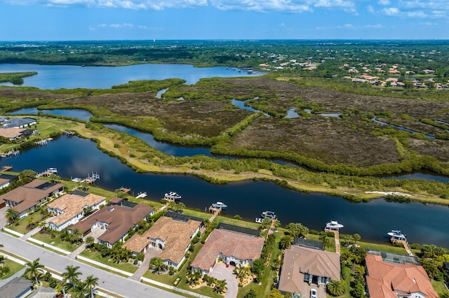 bird's eye view with a water view