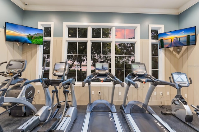 exercise room featuring ornamental molding