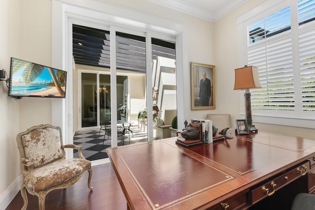 office with hardwood / wood-style flooring and ornamental molding