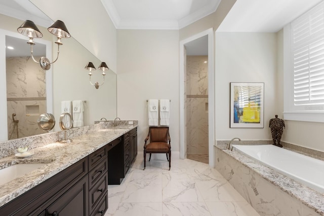 bathroom featuring separate shower and tub, vanity, and ornamental molding