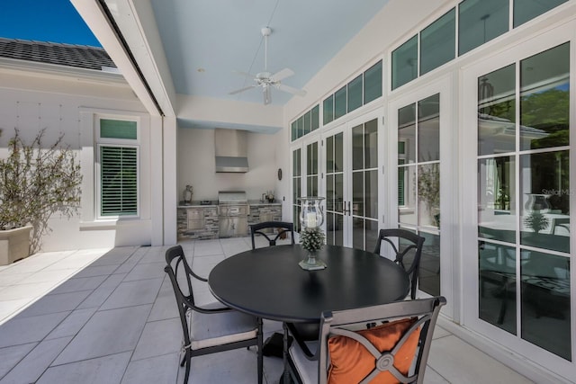 view of patio / terrace with ceiling fan, an outdoor kitchen, grilling area, and french doors