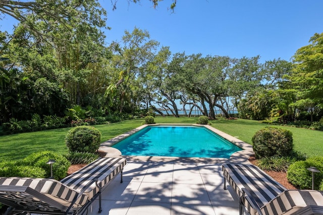 view of swimming pool featuring a yard and a patio