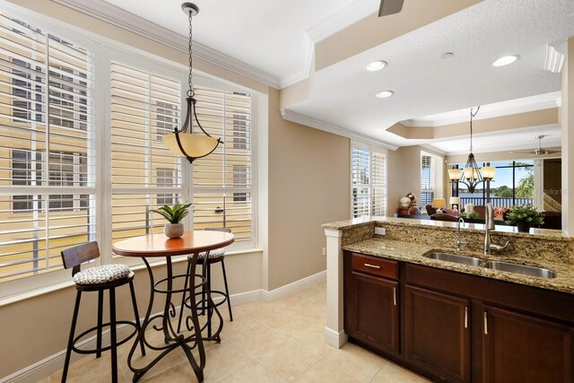 kitchen featuring crown molding, light stone countertops, sink, and a tray ceiling