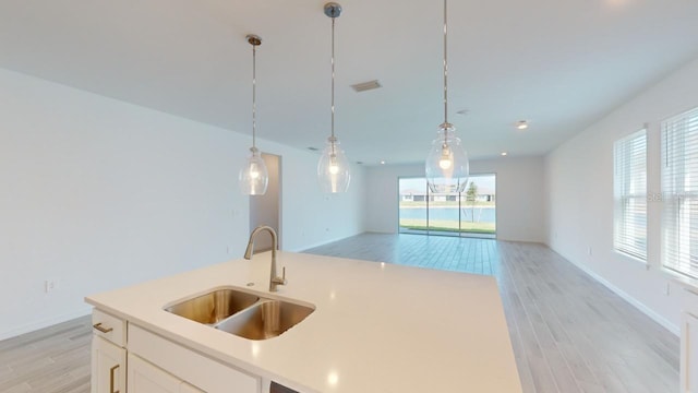 kitchen with sink, plenty of natural light, and light hardwood / wood-style flooring