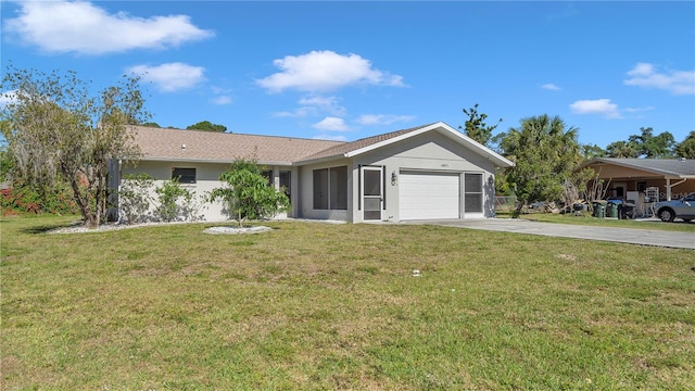 single story home with a garage and a front lawn