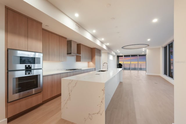 kitchen with light hardwood / wood-style flooring, stainless steel appliances, wall chimney range hood, an island with sink, and light stone counters