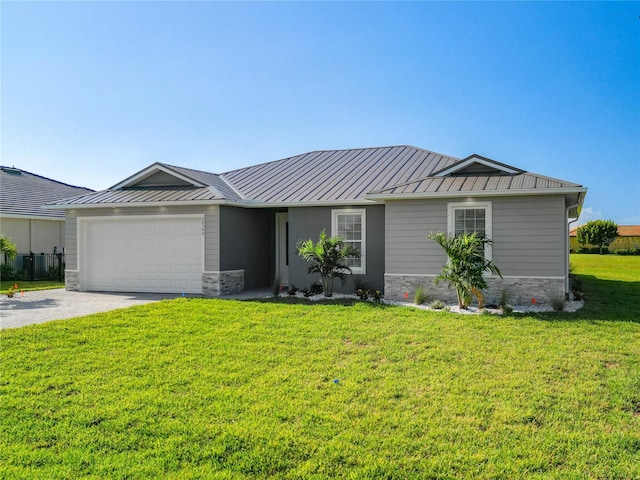 ranch-style home featuring a garage and a front yard