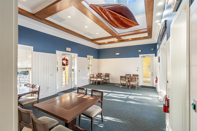 recreation room featuring carpet flooring, beam ceiling, french doors, coffered ceiling, and ornamental molding