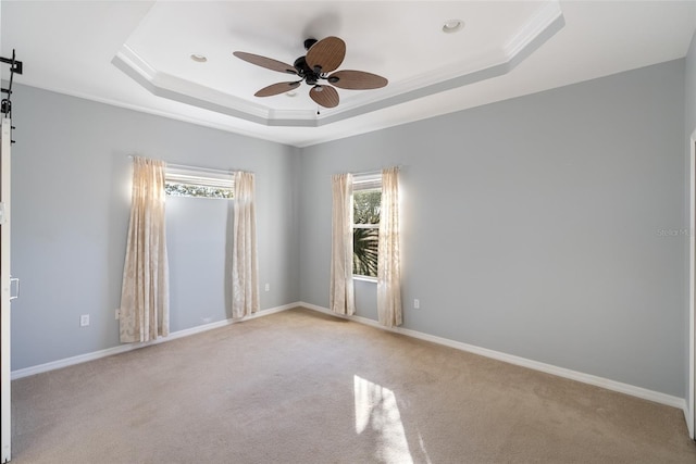 carpeted empty room featuring a barn door, a tray ceiling, and ceiling fan