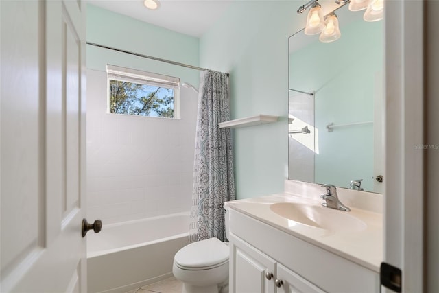 full bathroom featuring vanity, shower / bathtub combination with curtain, and toilet