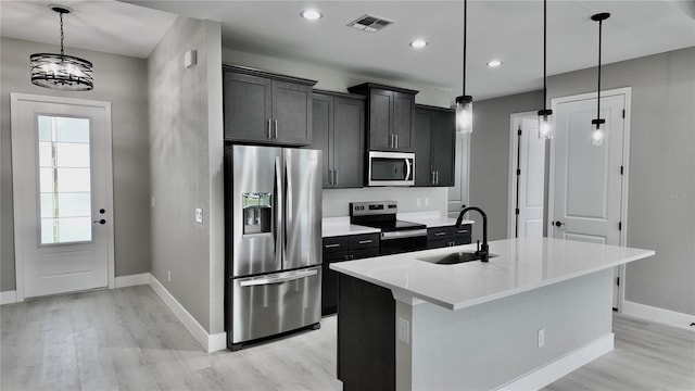 kitchen featuring sink, decorative light fixtures, a kitchen island with sink, stainless steel appliances, and light wood-type flooring