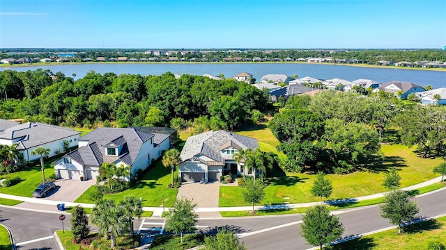 aerial view featuring a water view