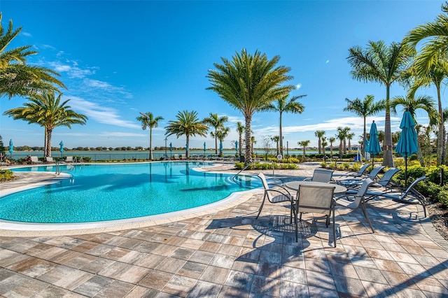 view of swimming pool with a patio area