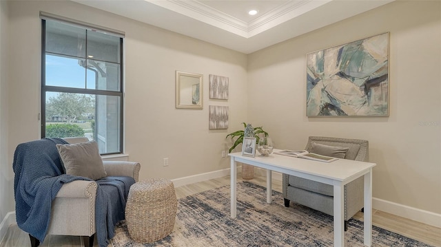 office space featuring hardwood / wood-style floors, a raised ceiling, and ornamental molding