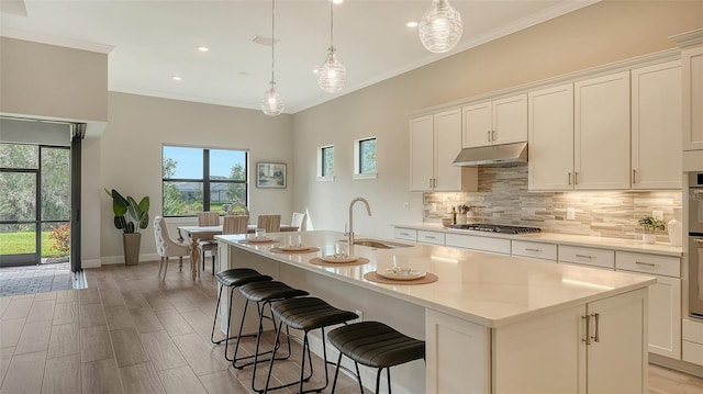 kitchen with sink, white cabinetry, a center island with sink, and stainless steel appliances