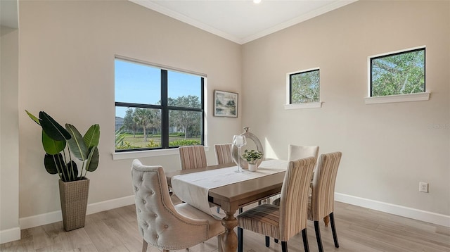 dining room with ornamental molding and light hardwood / wood-style floors