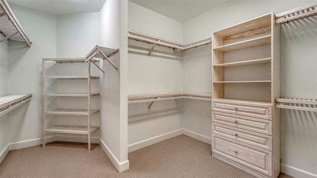 walk in closet featuring light carpet