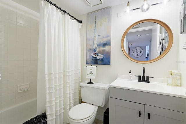 full bathroom with vanity, toilet, and shower / tub combo with curtain