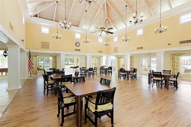 dining room featuring beam ceiling, high vaulted ceiling, wood ceiling, and light wood-type flooring