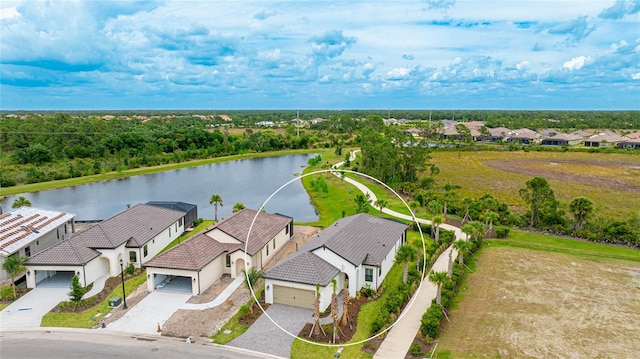 aerial view featuring a water view